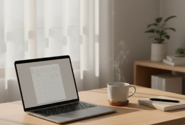 Minimalist workspace with warm light symbolizing calm productivity and focus.