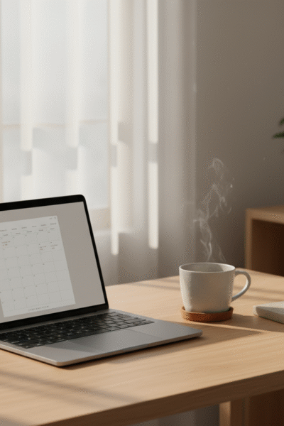 Minimalist workspace with warm light symbolizing calm productivity and focus.