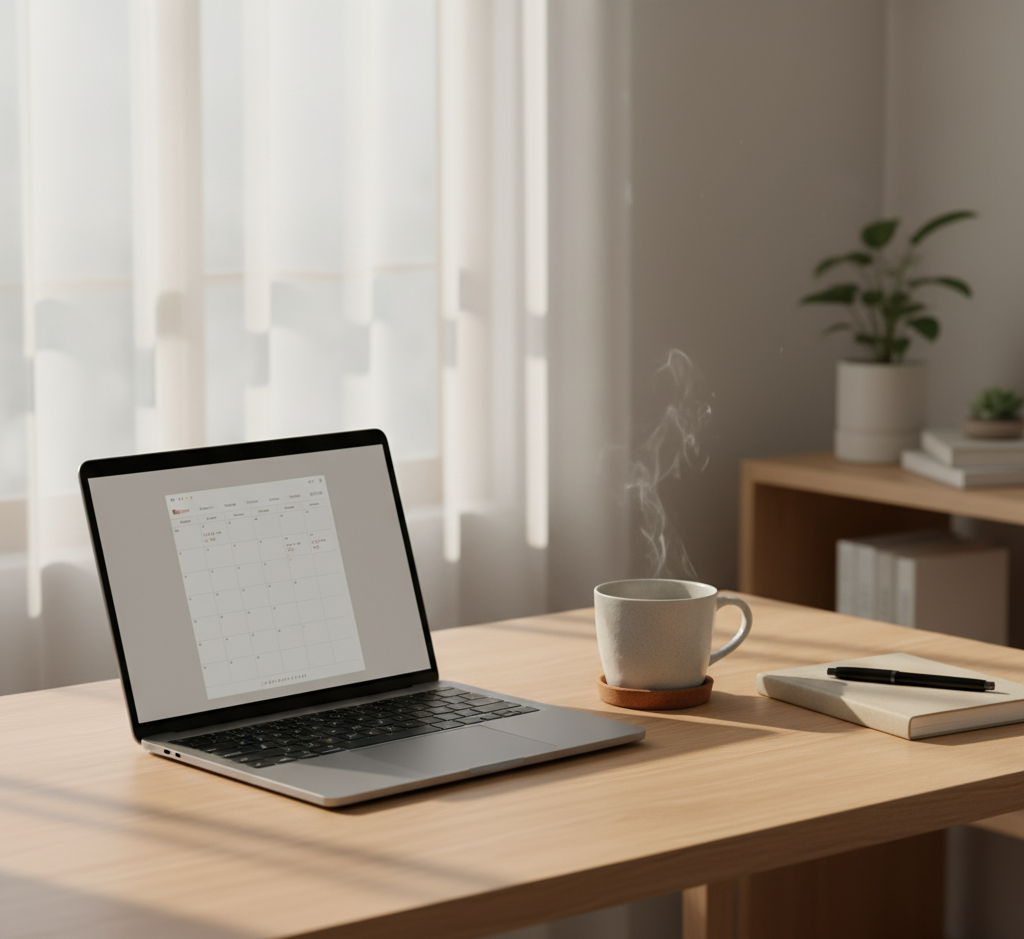 Minimalist workspace with warm light symbolizing calm productivity and focus.